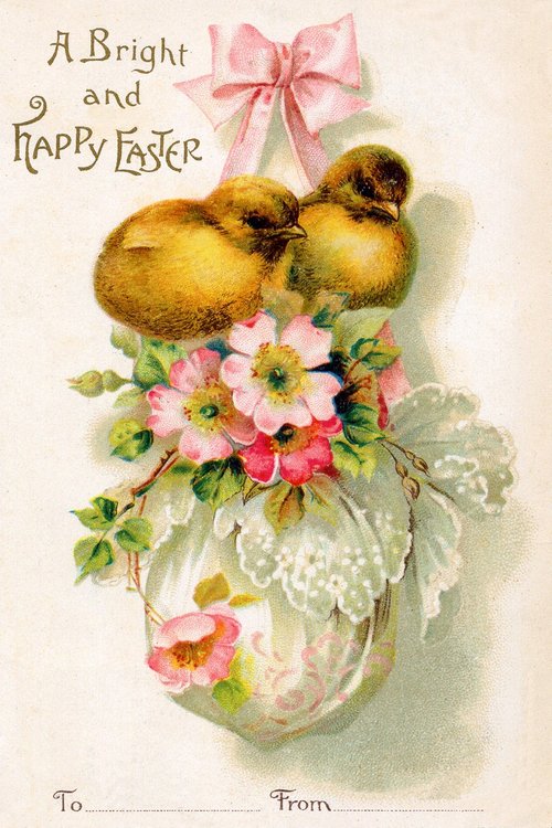 Victorian Easter Greeting Card with Chicks & Pink Ribbons