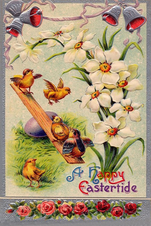 Victorian Easter Greeting Card with Birds, Flowers & Bells