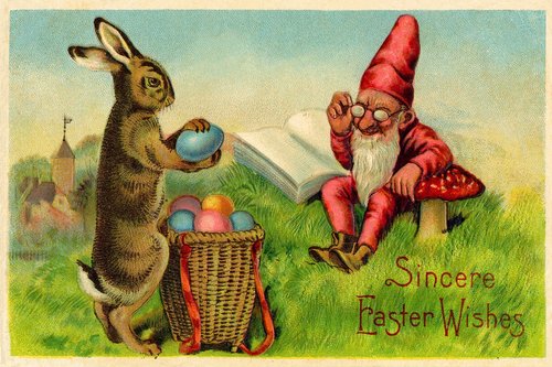 Vintage Easter Greeting Card with Gnome and Rabbit, Victorian Era