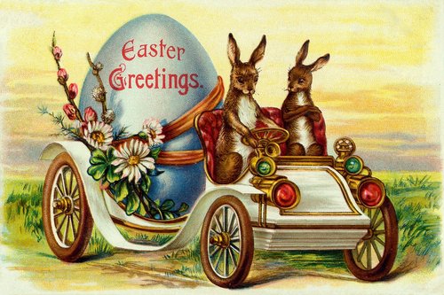 Victorian Easter Greetings Card with Rabbits & Egg Carriage