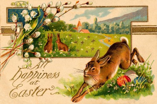 Victorian Easter Greeting Card with Rabbit & Pussy Willow
