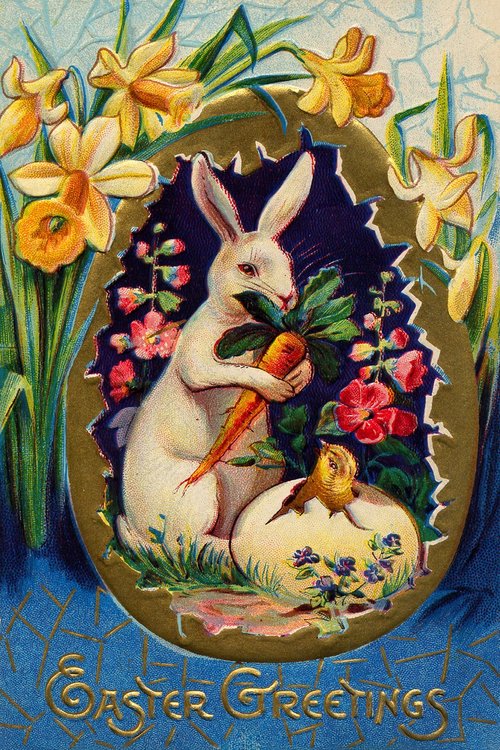 Vintage Easter Greeting Card with White Rabbit & Daffodils