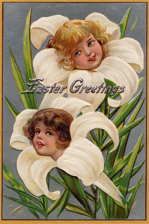 Vintage Easter Greetings Card with Angels & Lilies