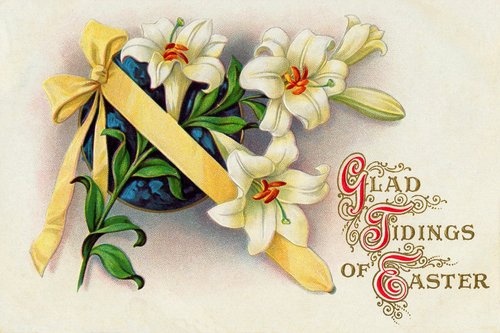 Victorian Easter Greeting Card with Lilies, Yellow Ribbon & Easter Egg