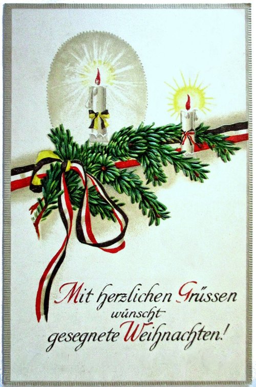 Vintage German Christmas Card with Candles and Evergreen, Early 1900s