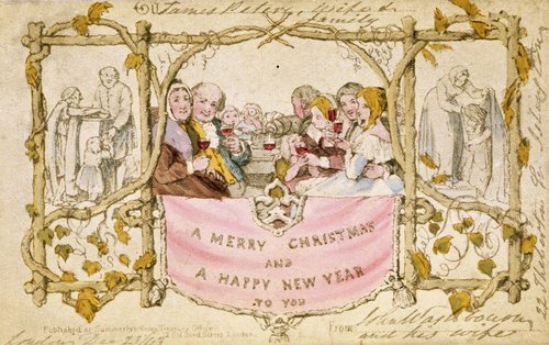 Victorian Christmas Card with Family Gathering & Ivy Border