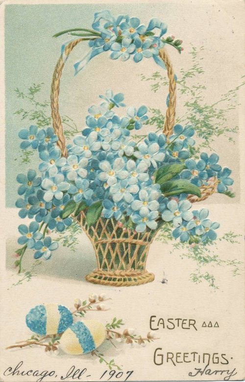 1907 Easter Greetings Card: Blue Flowers Basket Chicago