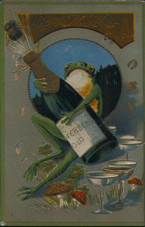 Vintage Frog Champagne Toast New Year Card, Art Nouveau Style