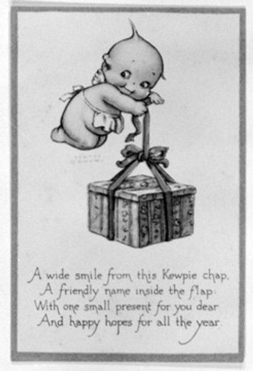 Vintage Kewpie Doll New Year Greeting Card with Gift Box