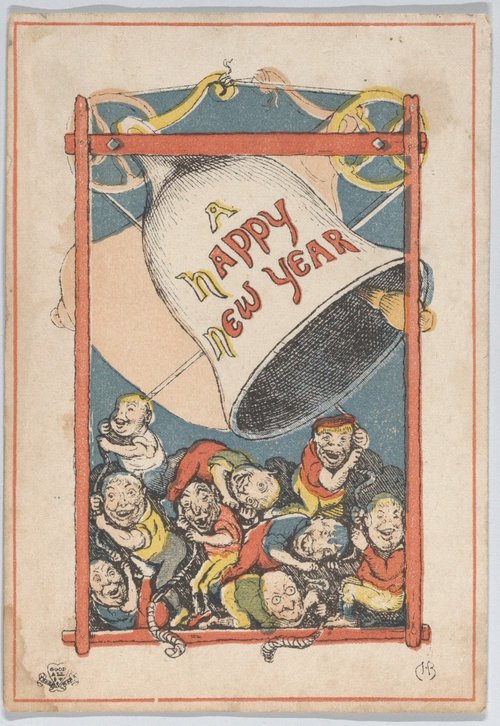 Happy New Year Vintage Greeting Card with Elves and Bell