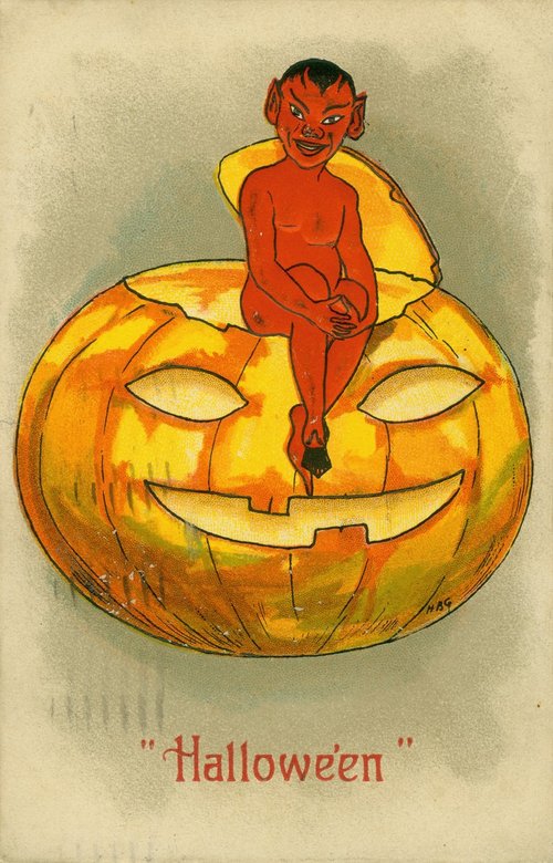 Vintage Halloween Devil on Jack-O'-Lantern Greeting Card