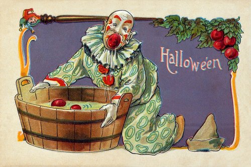 Vintage Halloween Clown Greeting Card with Apple Barrel