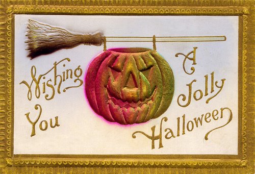 Victorian Halloween Jack-o'-Lantern Greeting Card with Broomstick