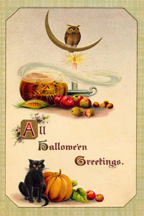 Victorian Halloween Greetings Card with Owl, Black Cat & Pumpkin