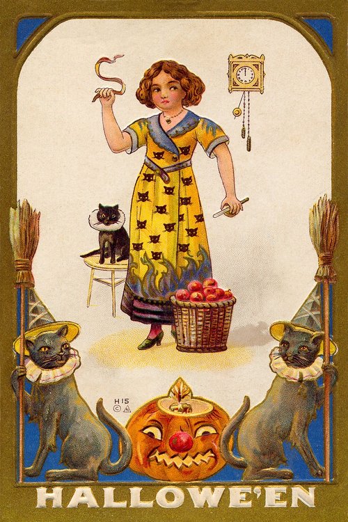 Vintage Halloween Greeting Card with Witch & Black Cats
