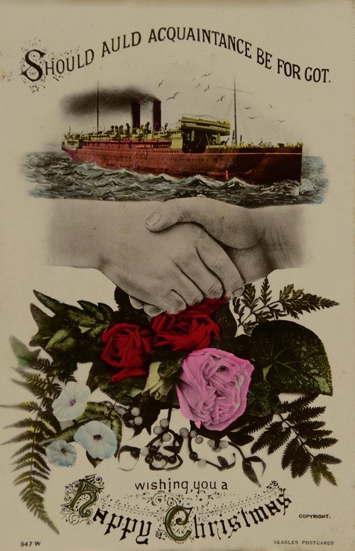 Victorian Christmas Greeting Card with Steamship & Handshake