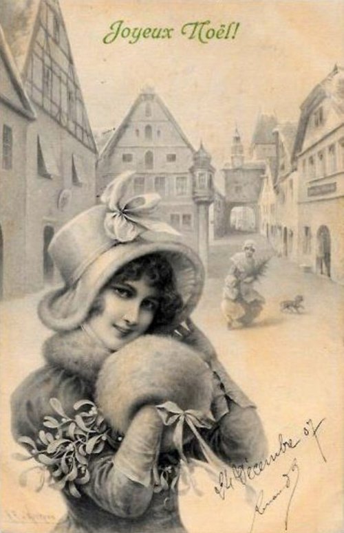 Vintage Edwardian Christmas Card: Woman in Winter Street Scene
