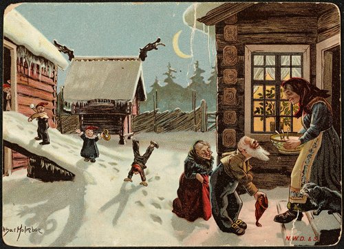Victorian Christmas Card: Winter Village Snow Scene with Gnomes/Elves
