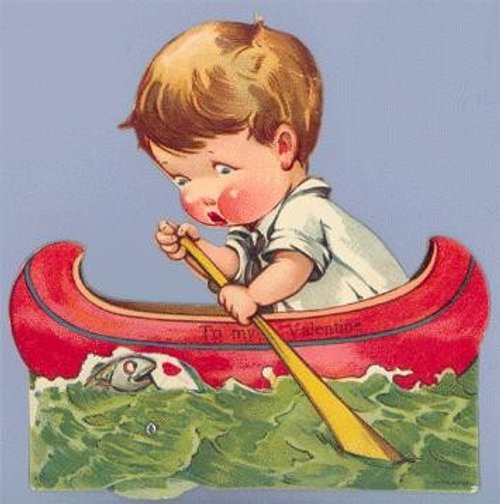 Vintage Rowing Boy in Red Boat Die-Cut Valentine Card