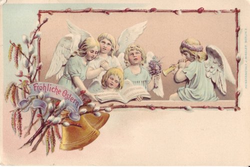 Victorian Easter Angels Greeting Card with Catkins & Gold Bell