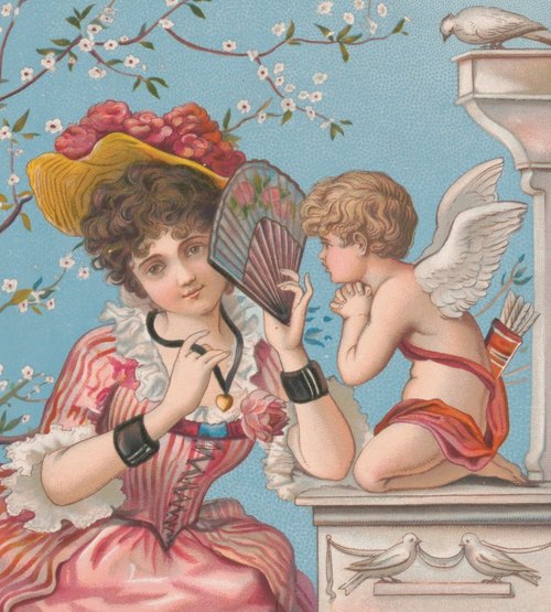 Victorian Cupid & Woman Fan Card - Romantic 1880s Greeting