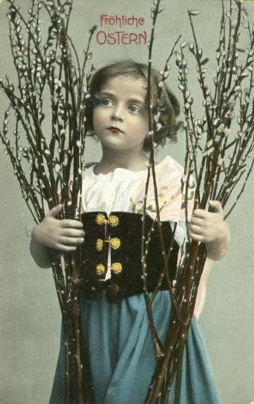Vintage German Easter Greeting Card, Girl with Pussy Willow Branches