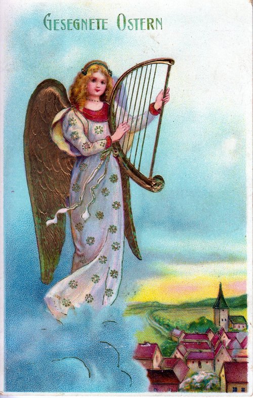 Blessed Easter Angel with Harp German Greeting Card