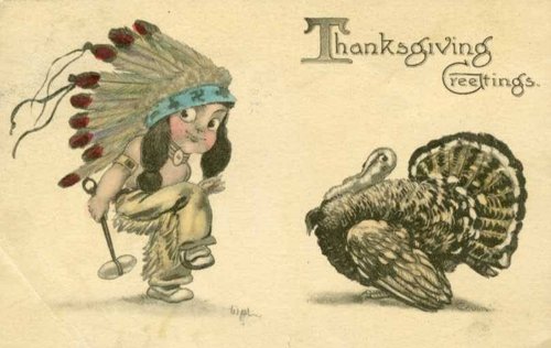 Vintage Thanksgiving Greeting Card with Native American & Turkey