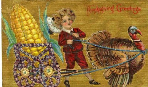 Vintage Thanksgiving Greetings Card with Turkey & Boy