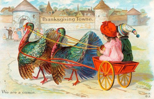 Victorian Thanksgiving Towne Turkey Cart Greeting Card