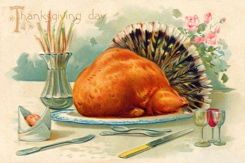 Victorian Thanksgiving Day Greeting Card with Roasted Turkey