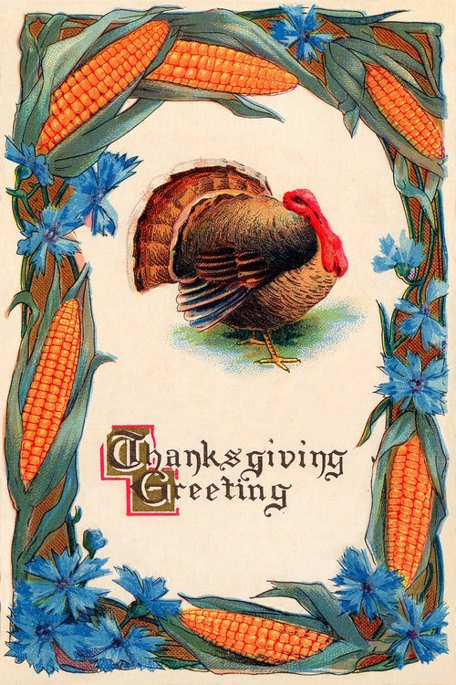 Victorian Thanksgiving Greeting Card with Turkey & Corn Border