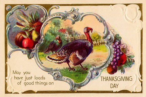 Victorian Thanksgiving Greeting Card with Turkey and Harvest Fruit