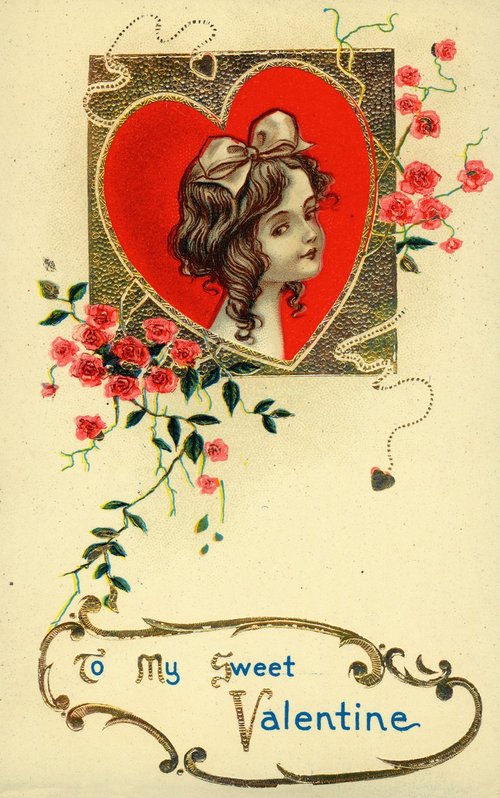 Victorian Valentine Greeting Card with Girl & Pink Roses