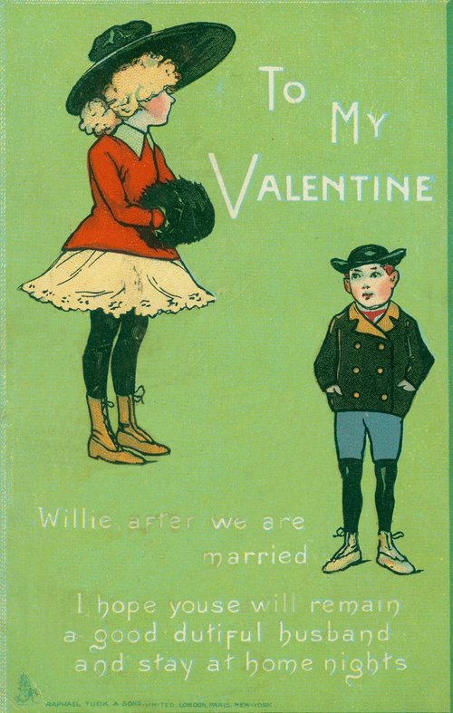 Edwardian Valentine's Day Card with Boy & Girl in Hats