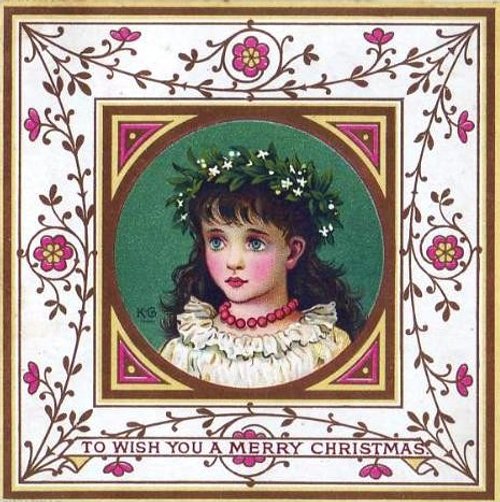 Victorian Christmas Card with Child in Wreath | Vintage 1890s