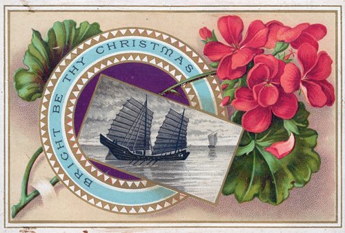 Victorian Christmas Greeting Card with Ship & Red Flowers