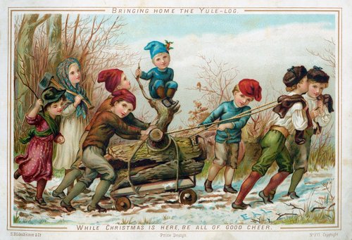 Victorian Christmas Yule Log Children Greeting Card 1880s
