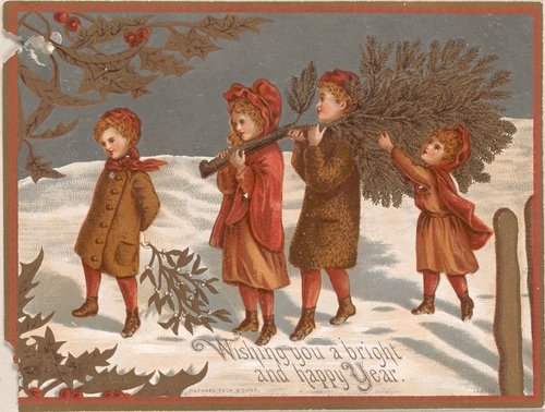 Victorian Winter Children Christmas Card with Holly & Evergreen