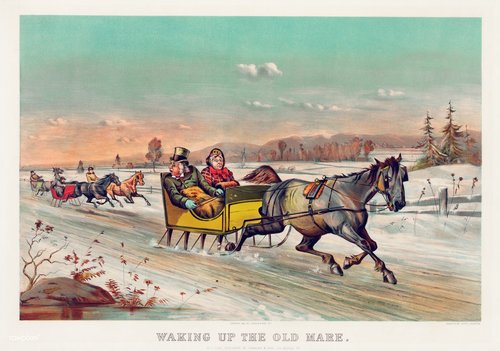 Victorian Winter Sleigh Ride Greeting Card 'Waking Up the Old Mare'