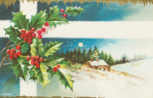 Victorian Holly & Winter Cabin Christmas Greeting Card
