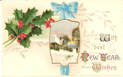 Victorian New Year Greeting Card with Holly & Winter Scene