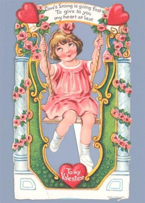 Vintage Valentine's Day Die-Cut Card - Little Girl on Swing