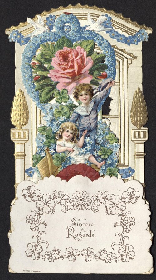 Victorian Children & Pink Rose Die-Cut Greeting Card