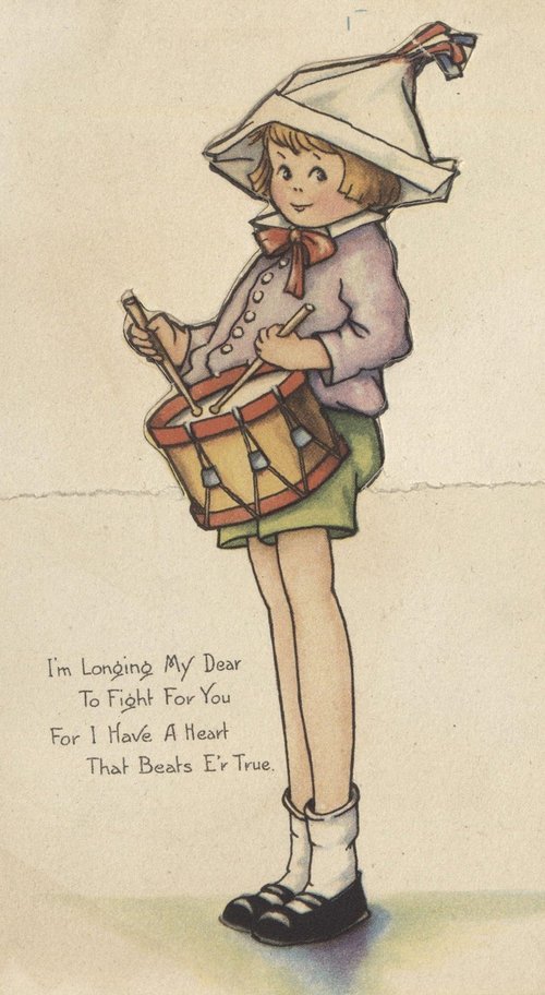 Vintage WWI Drum Girl Greeting Card - 1910s Patriotic