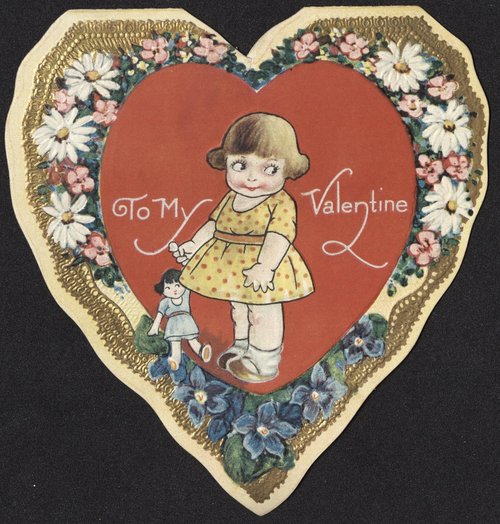 Vintage Valentine Die-Cut Girl with Doll Heart-Shaped Card
