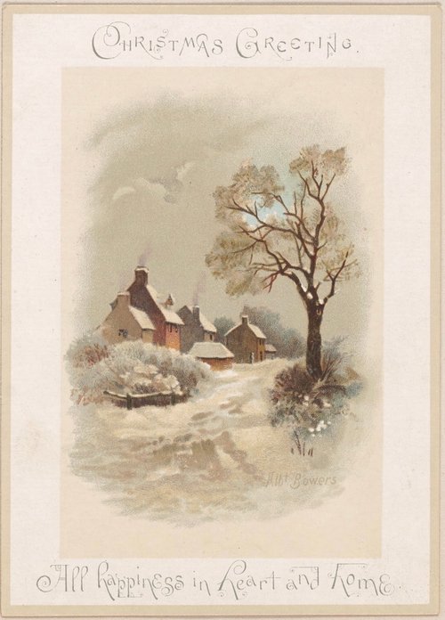 Victorian Christmas Greeting Card with Snowy Cottage Scene