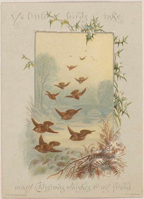 Victorian Christmas Greeting with Flying Birds - Vintage Holiday Card
