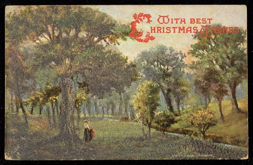 Vintage Christmas Wishes Card with Tree-Lined Avenue Scene