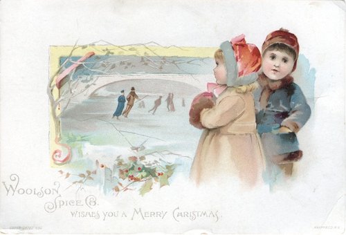 Victorian Christmas Greeting Card Winter Ice Skating Scene